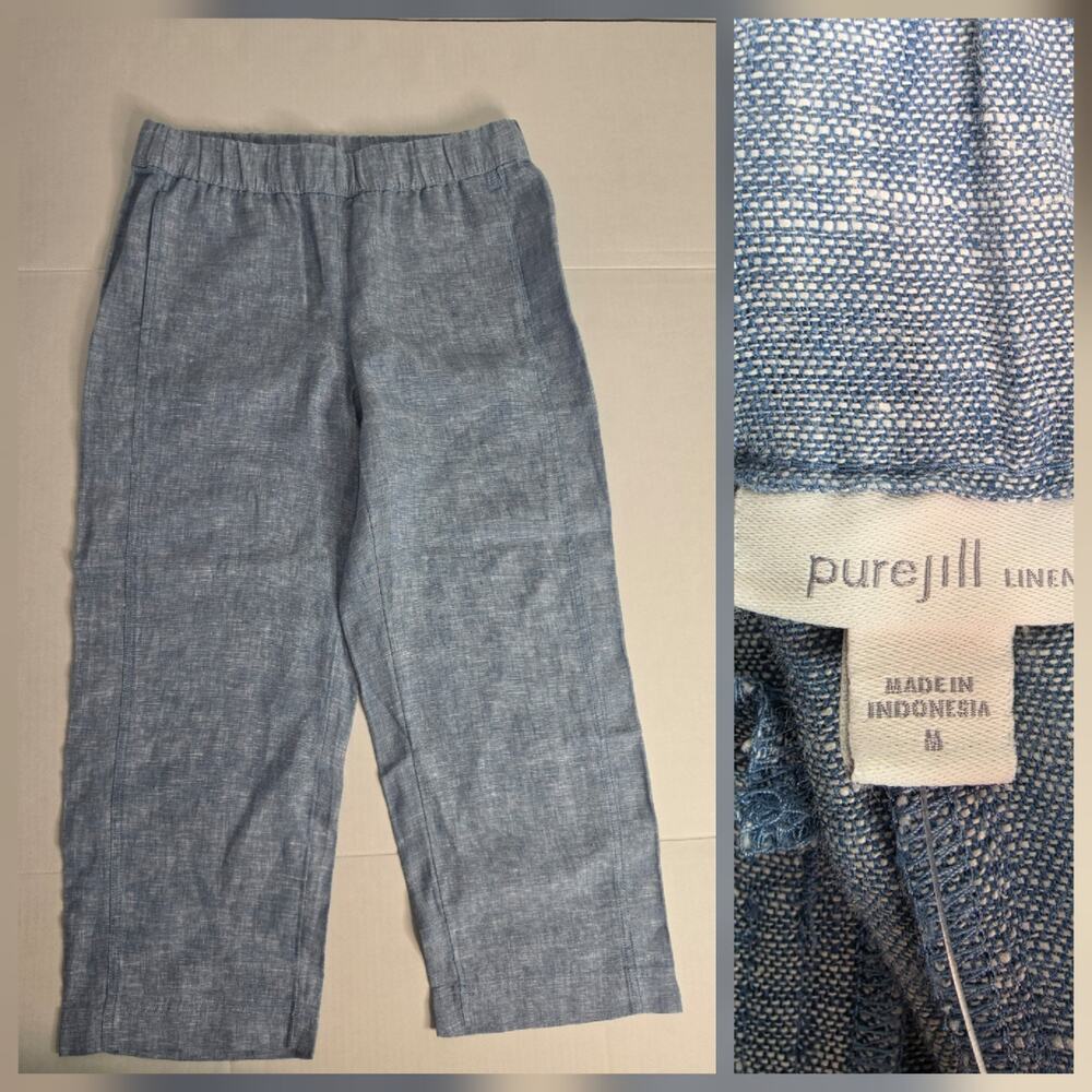 J. Jill Linen Pant M Straight Wide Leg Crop Blue Pull On Coastal Beachy NEW
